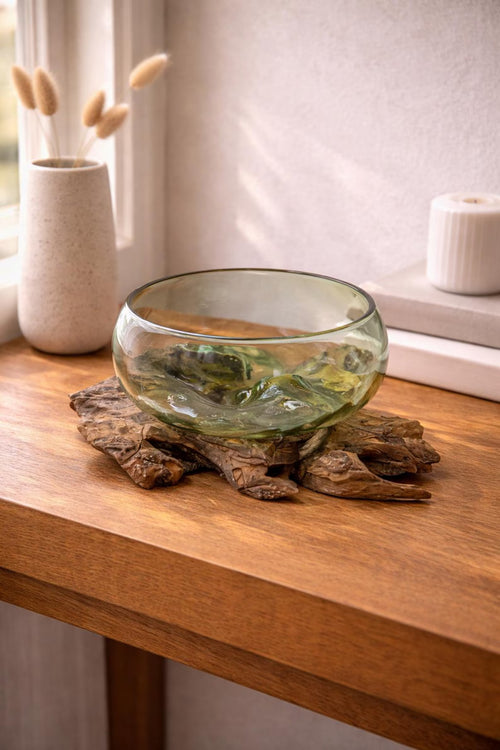 Glass Wide Bowl on Wood